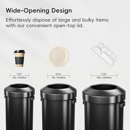 EKO Urban 32 Gallon Round Black Stainless Steel Open Top Waste Bin, Tall - Image 6