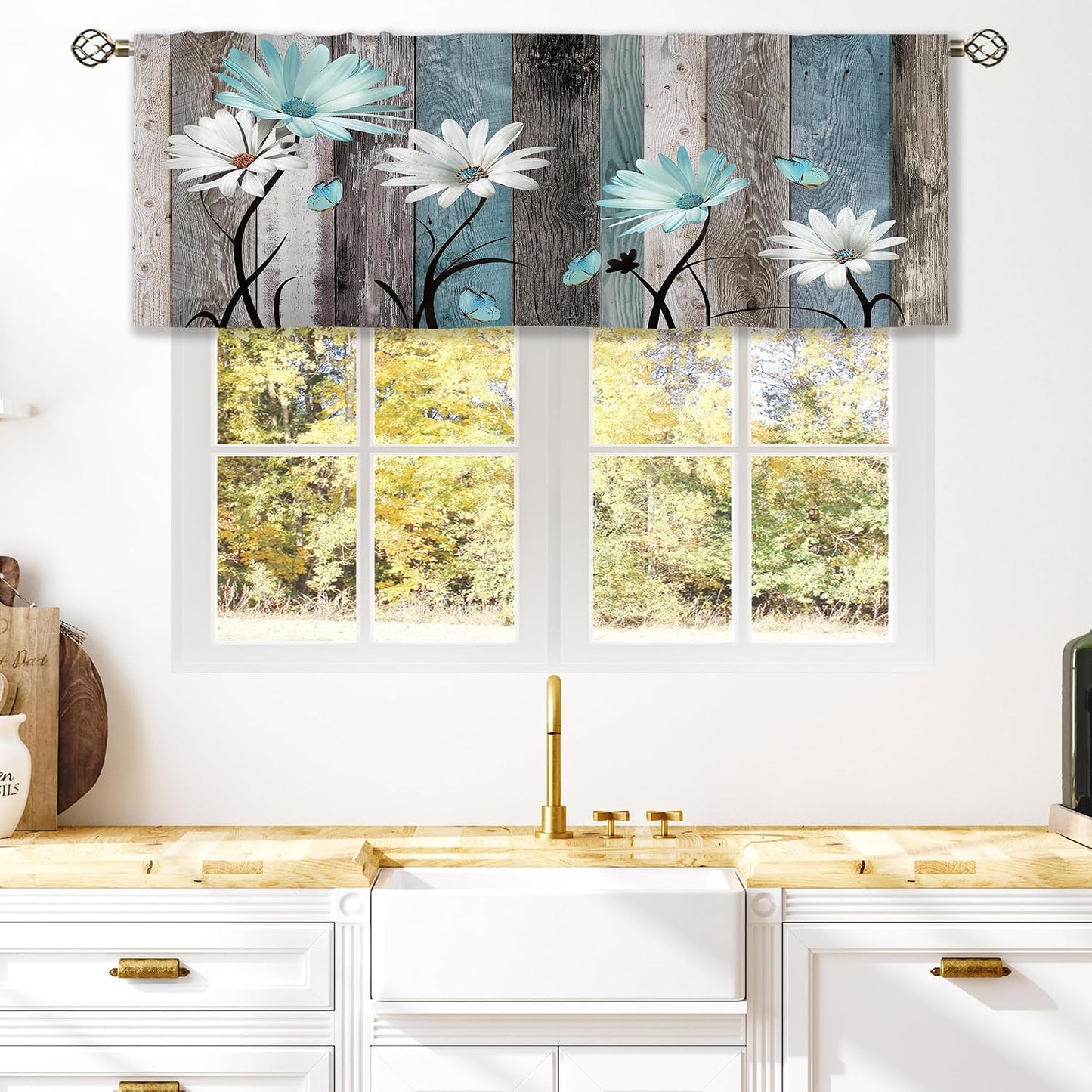 Teal Farmhouse Daisy Curtain Valance for Window Treatments Wooden Flower Rod Pocket Kitchen Treatment Rustic Floral Butterfly Country Drapes for Bathroom Bedroom Living Room (52x18 Inch)