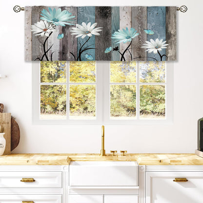 Teal Farmhouse Daisy Curtain Valance for Window Treatments Wooden Flower Rod Pocket Kitchen Treatment Rustic Floral Butterfly Country Drapes for Bathroom Bedroom Living Room (52x18 Inch)