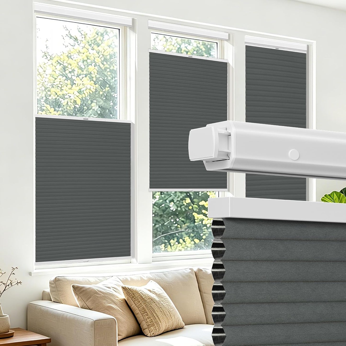 Allesin Top Down Bottom Up Cordless Cellular Shades,Thermal Insulation Honeycomb Blinds for Indoor Windows,Blackout (Dark Gray-no Drill,34.5"x64")