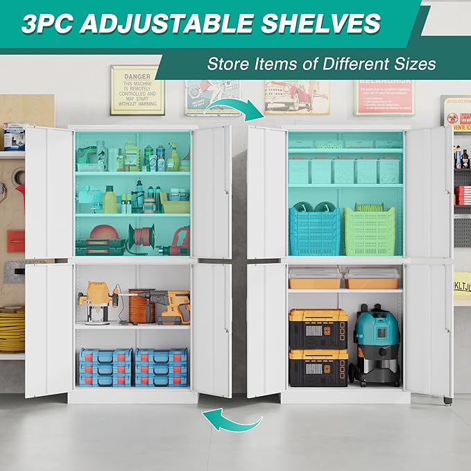 Metal Storage Cabinet with 3 Adjustable Shelves, Tall Steel Pantry Cabinets 4 - Image 6