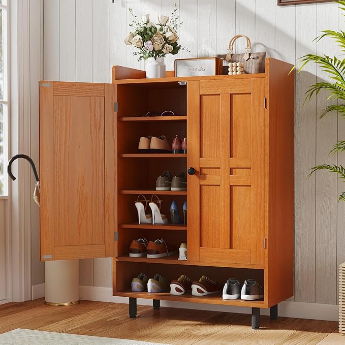 Farmhouse Shoe Cabinet with Doors, 6-Tier Wooden Shoe Organizer with Adjustable by Aivermeil