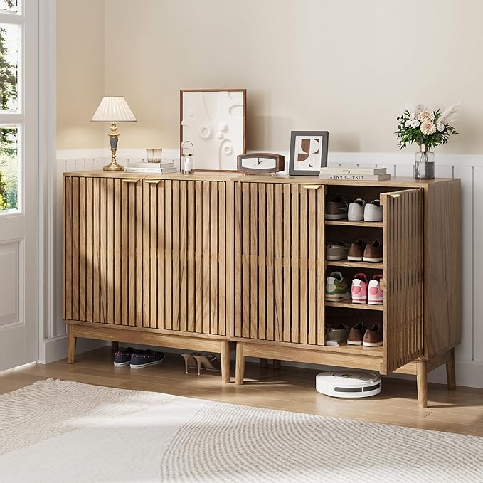 Shoe Storage Cabinet with Ventilated Slatted Doors, Wooden Shoe Organizer - Image 4