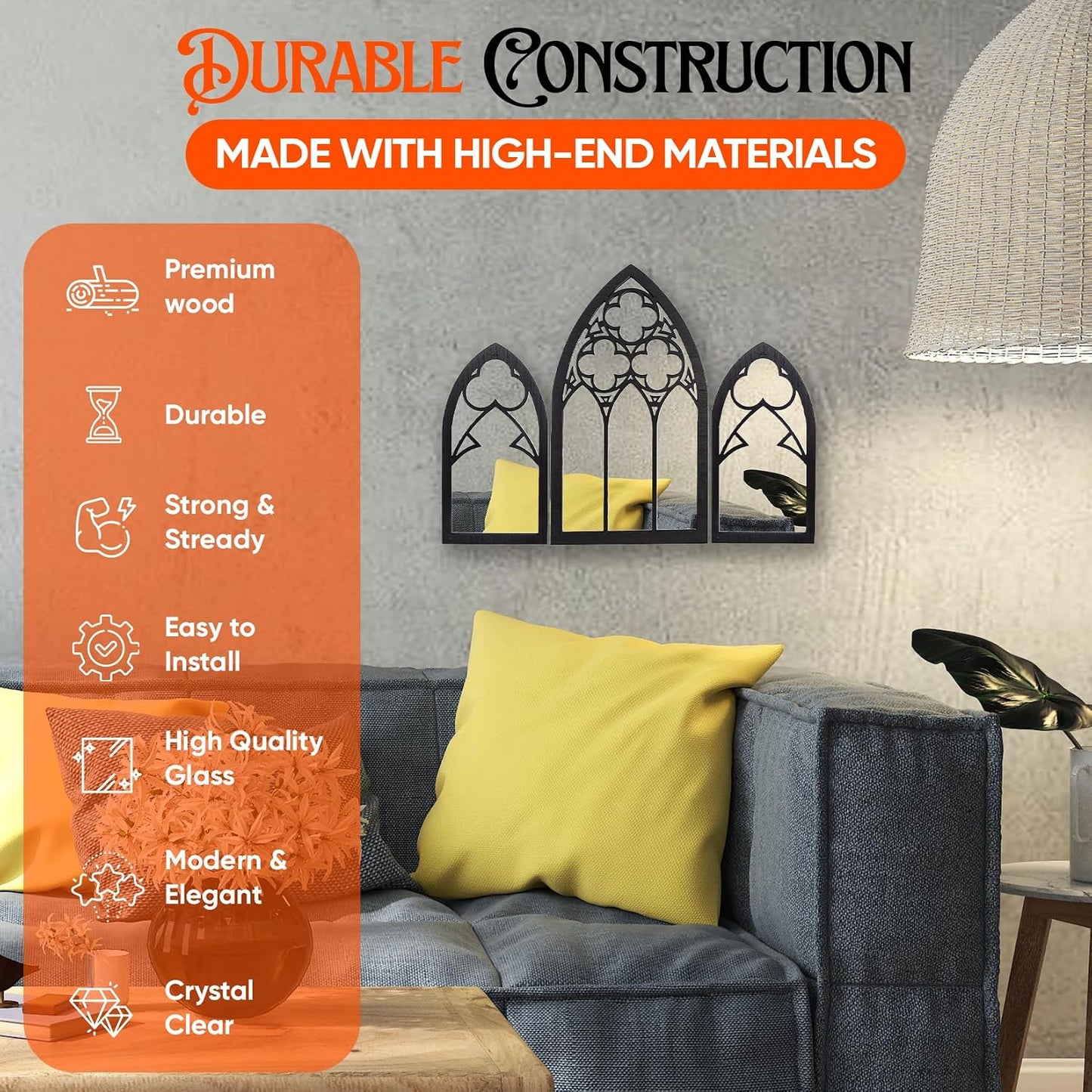 Gothic Mirrors Wall Decor - 3 Piece Set 15.8 Inch Gothic Furniture Cathedral Mirrors - Halloween Decor for Bathroom and Kitchen - Goth Accessories for Bedroom - Witchy Gifts for Women