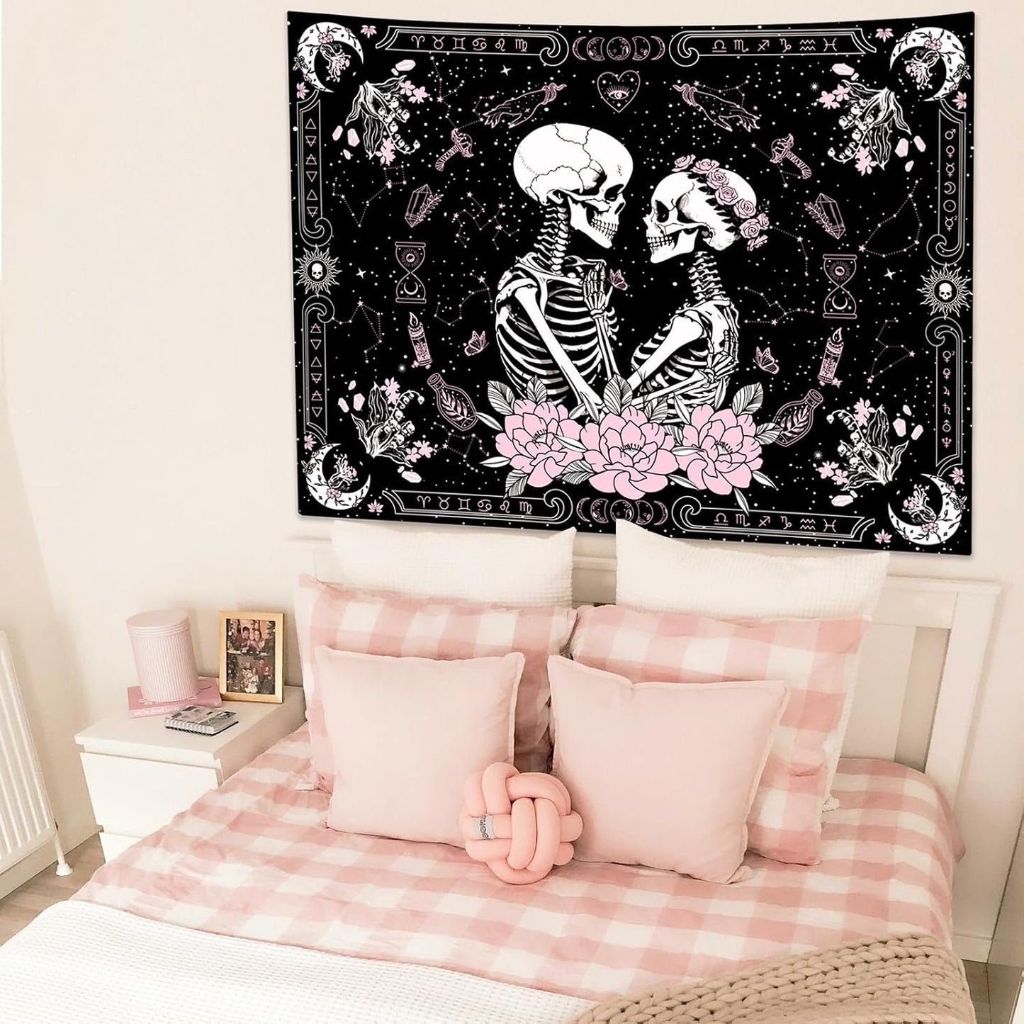KJHL Black and Pink Gothic Witchy Skull Tapestry 44ʺ x 60ʺ Floral Constellation Skeleton Aesthetic Tapestries Wall Hanging for Bedroom Dorm