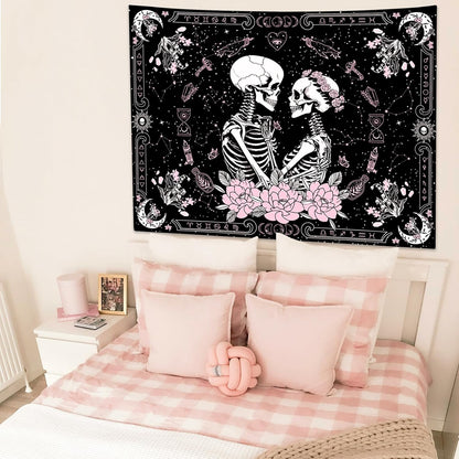 KJHL Black and Pink Gothic Witchy Skull Tapestry 44ʺ x 60ʺ Floral Constellation Skeleton Aesthetic Tapestries Wall Hanging for Bedroom Dorm