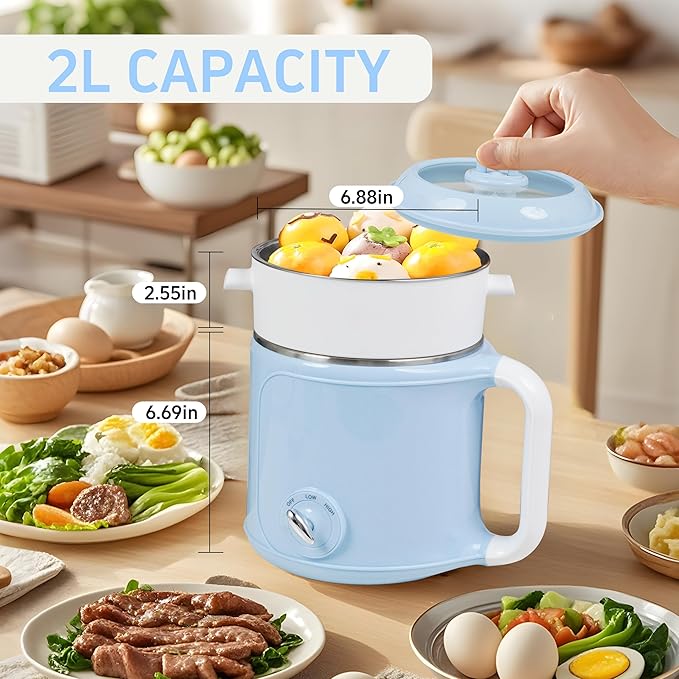 Hot Pot Electric with Steamer，2.0 L Ramen Cooker，Mini Portable Hot Pot - Image 3