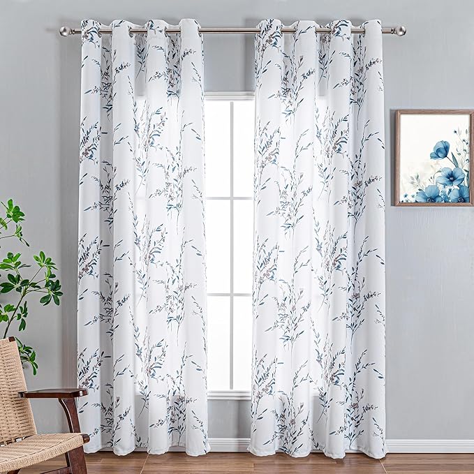 MYSKY HOME Blue and White Floral Curtains 84 Inch Long Leaf Pattern Grommet - Image 2