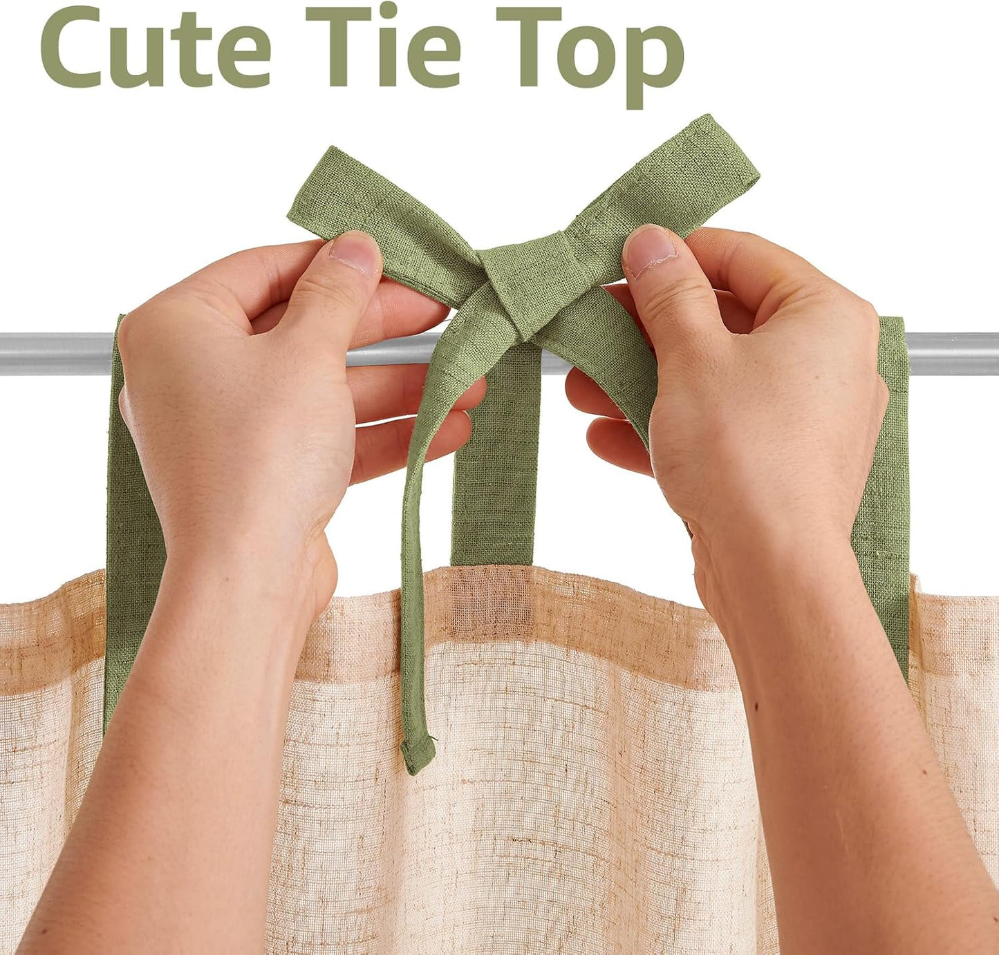 jinchan Linen Tie Top Curtains 36 Inch Length Farmhouse Cafe Curtains Set of 2 for Bedroom Bathroom Rustic Small Windows Light Filtering Crude Panels with Sage Green Ties