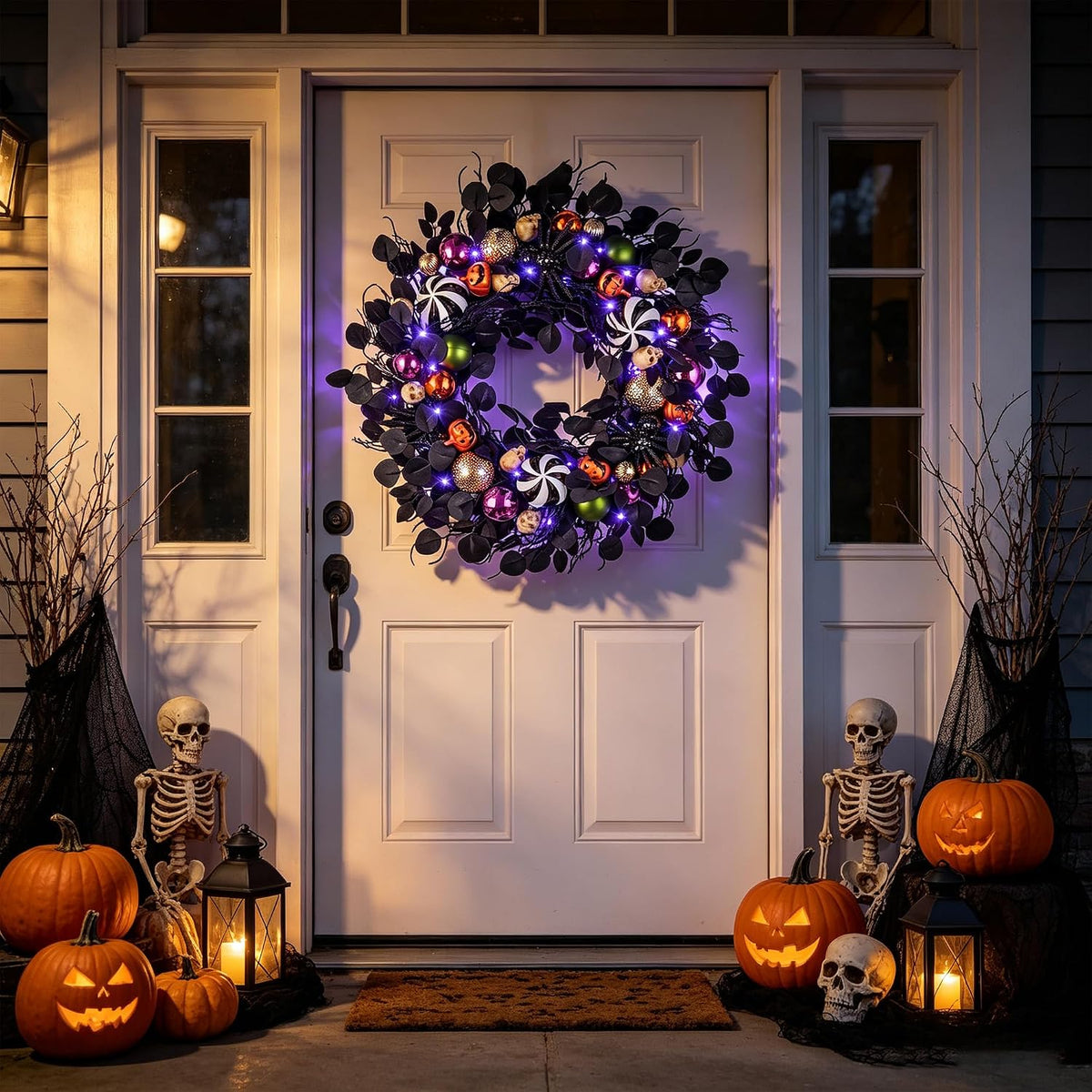 JORNOY 26-Inch Halloween Wreath with Battery Timer - Spider, Balls, Skull