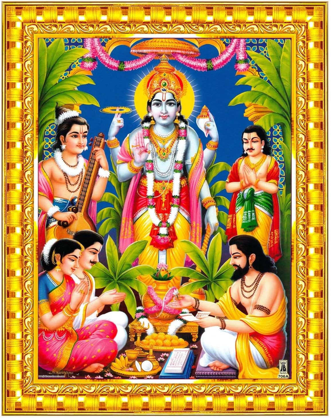 Pavan Photo Laminations Satyanarayana Swamy Satyanarayan Satya Narayan Bhagwan Lord Sri Sathya Narayana Ji Ki Framed Painting Wall Hanging (Gold,Small Size,6x8in) R618S