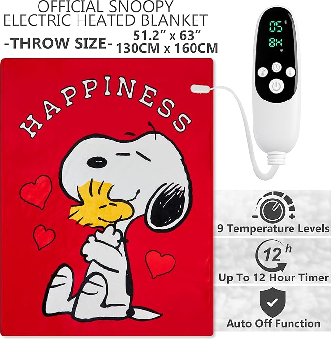 Peanuts Snoopy Heated Blanket Electric, Luxurious Fleece Throw, 9 Heat Settings - Image 2