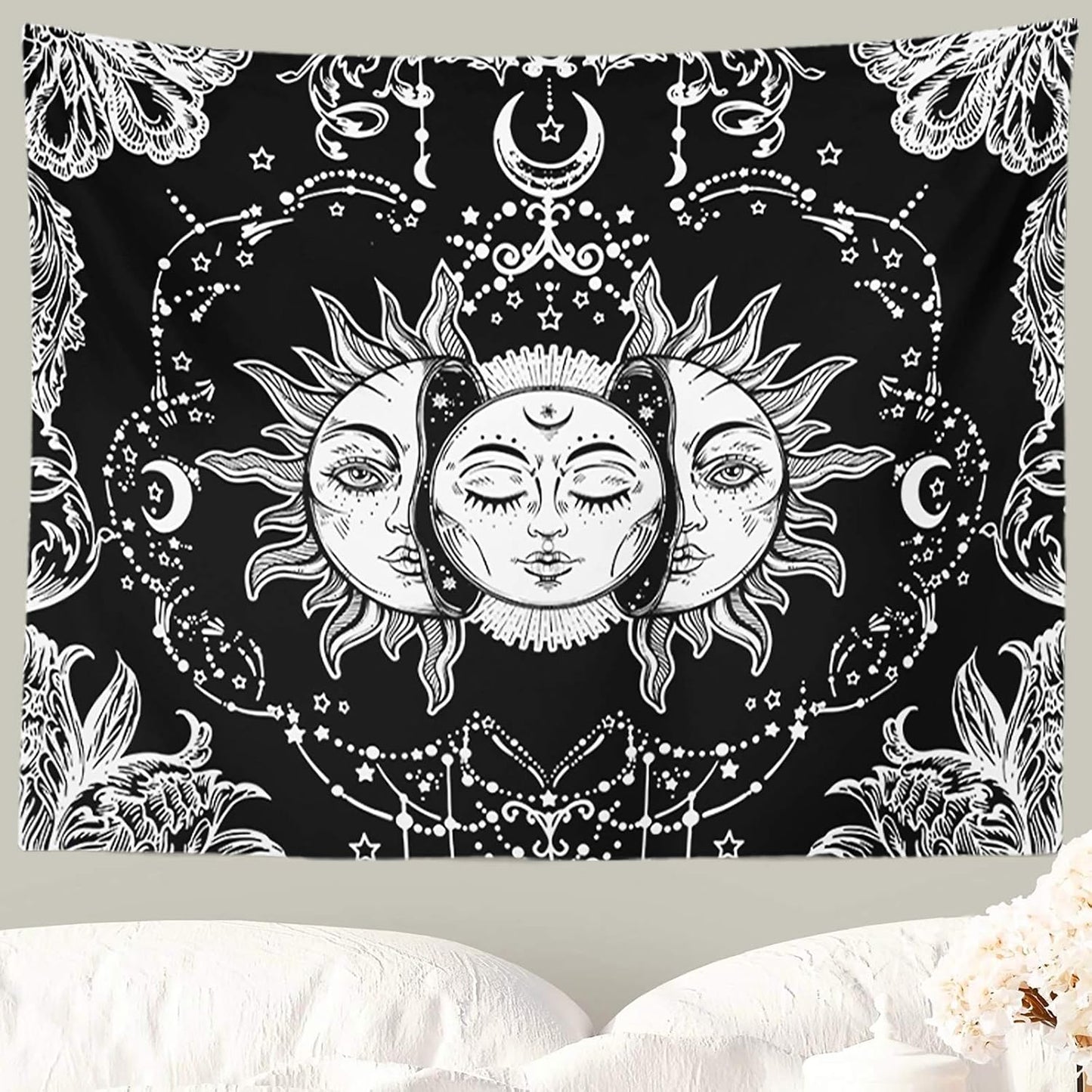 Sun and Moon Tapestry Black and White Tapestries Mystic Burning Sun with Star Wall Hanging Decor for Bedroom (40" W x 30" L)
