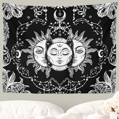 Sun and Moon Tapestry Black and White Tapestries Mystic Burning Sun with Star Wall Hanging Decor for Bedroom (40" W x 30" L)