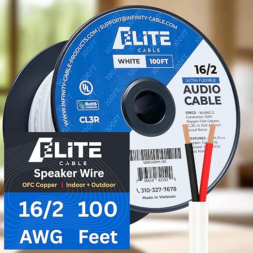 Elite 16/2 Speaker Wire 100ft, UL Listed, by InfinityCableProducts