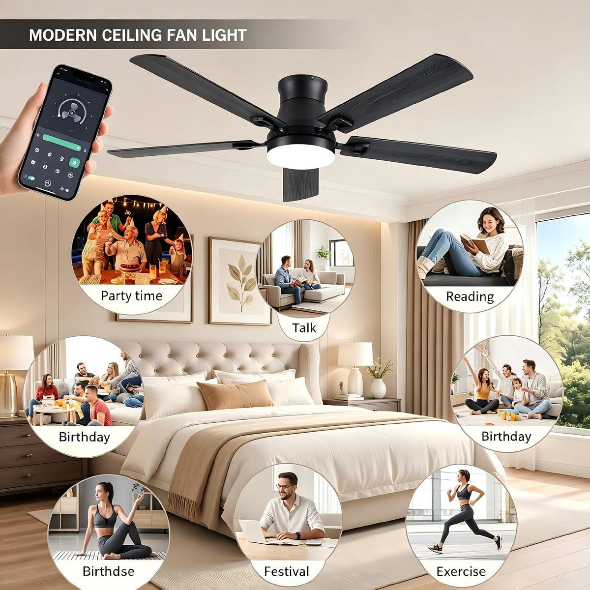 KNUN Ceiling Fans with Lights,52 Inch Low Profile Ceiling Fan with Light and ...