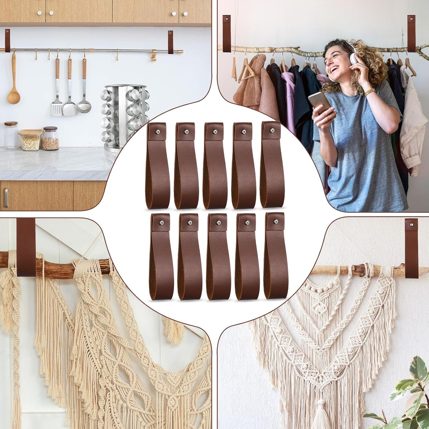 10pcs PU Leather Straps for Hanging Wall Hooks 1 x 4.7 Inches Curtain Rod Holder Leather Wall Hanging Strap with Screws Leathers Hook Lanyard for Bathroom Kitchen Walls Mounted Loop Towel Hook (Brown)