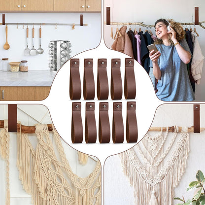 10pcs PU Leather Straps for Hanging Wall Hooks 1 x 4.7 Inches Curtain Rod Holder Leather Wall Hanging Strap with Screws Leathers Hook Lanyard for Bathroom Kitchen Walls Mounted Loop Towel Hook (Brown)