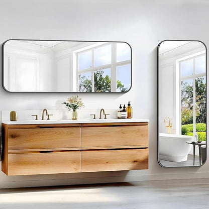 Bathroom Mirror, 60 x 24 inch Metal Framed Black Rectangle Mirror, Rounded - Image 4
