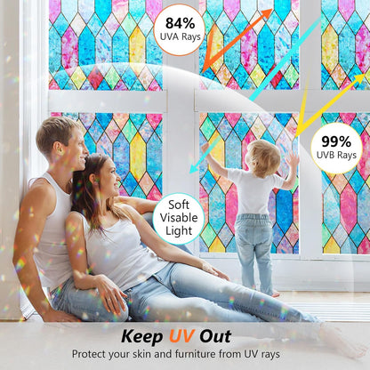 Kromapolis Window Privacy Film Stained Glass Lattice Sticker 17.5″ x 78.7″ | Rainbow Static Window Cling, Removable No Glue, UV Heat Blocking Color Decal for Bathroom Living Room Office