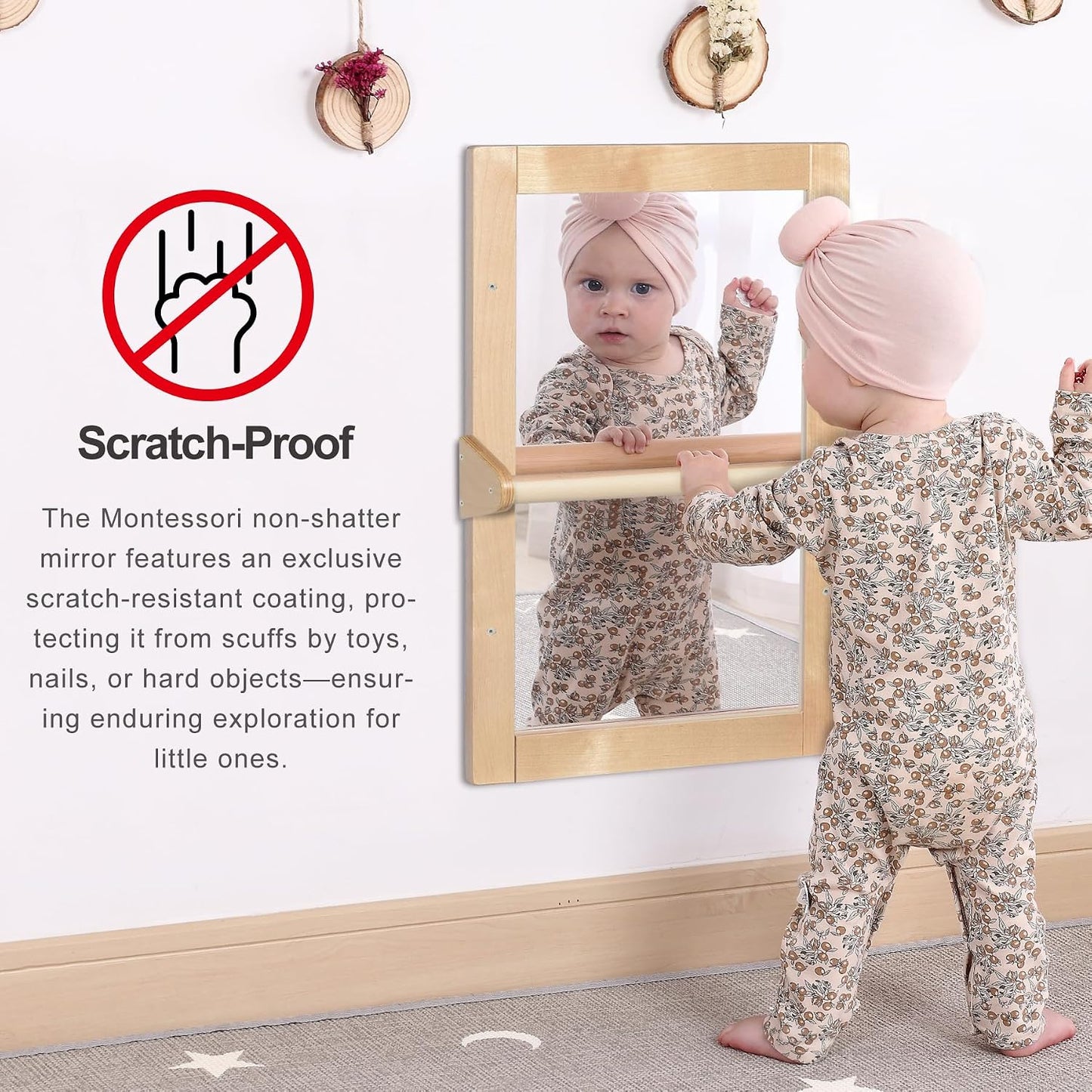 Baby Montessori Non-Shatter Sensory Safety Mirror w/ 2 Pull Up Bars | Exquisitely Crafted Solid Birch Wood Frame, Infant Coordination Small Mirror For 6-18 Months