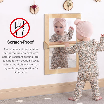 Baby Montessori Non-Shatter Sensory Safety Mirror w/ 2 Pull Up Bars | Exquisitely Crafted Solid Birch Wood Frame, Infant Coordination Small Mirror For 6-18 Months