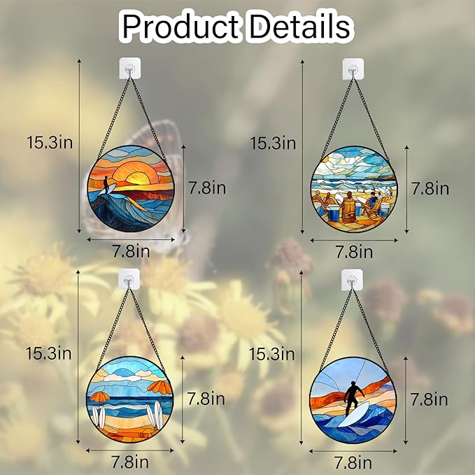 AMDERVEN Stained Glass Window Hanging 4 Pcs Set Blue Ocean Surfing Beach 7.8" - Image 6