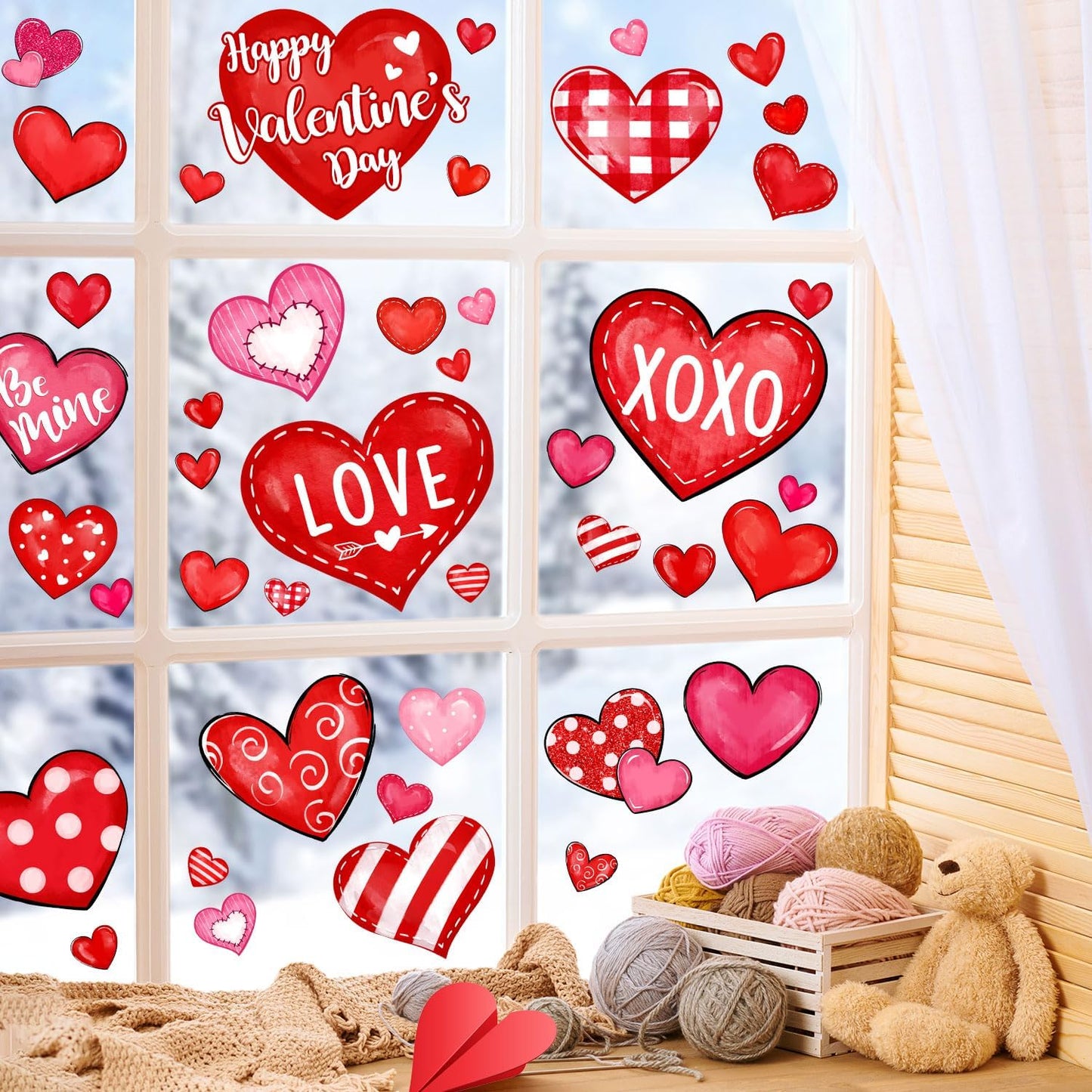 Valentine's Day Window Clings Love Hearts, 76 Pcs Pink Red Heart Large Window Stickers, Happy Valentines Watercolor Double-Sided Glass Decals Decor for Wedding Anniversary Home Party Decorations