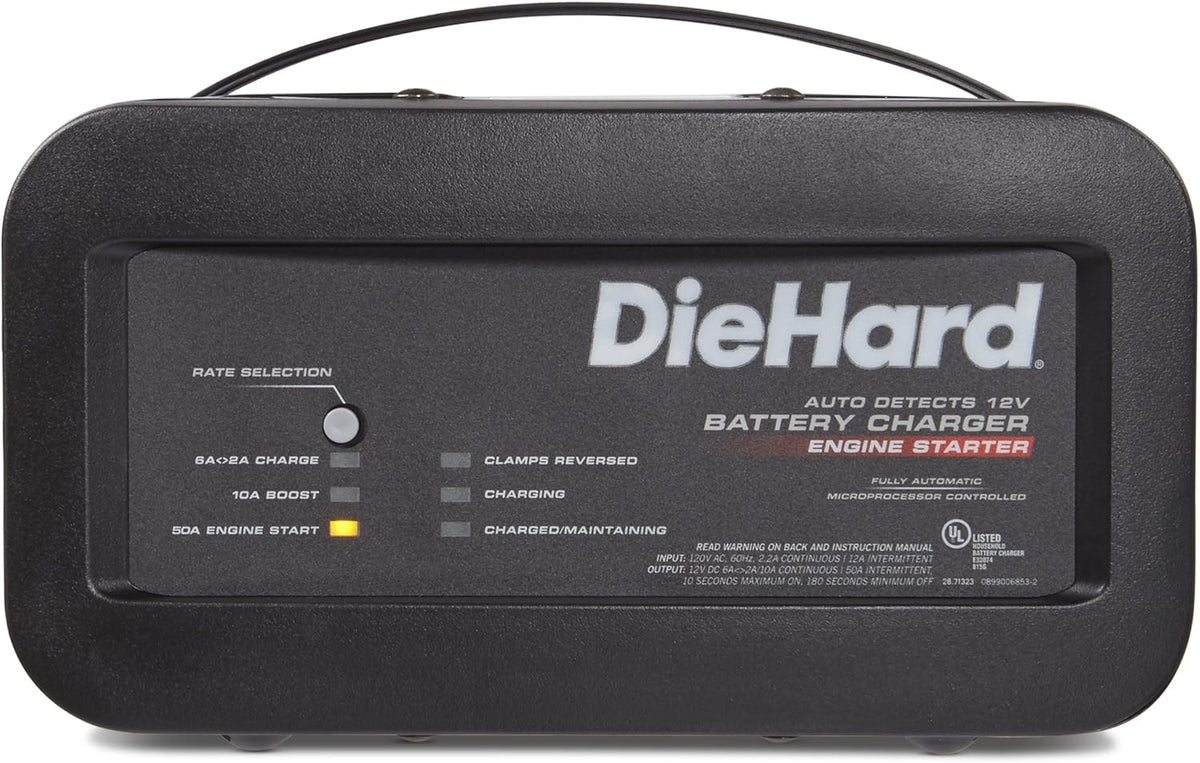 DieHard 71323 12V Shelf Smart Battery Charger and 10/50A Engine Starter, Black