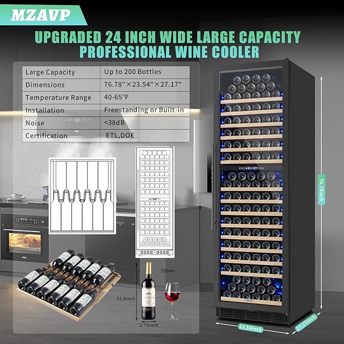 200 Bottle Dual Zone Wine Fridge, 24 Inch Large Wine Cooler Refrigerator - Image 7