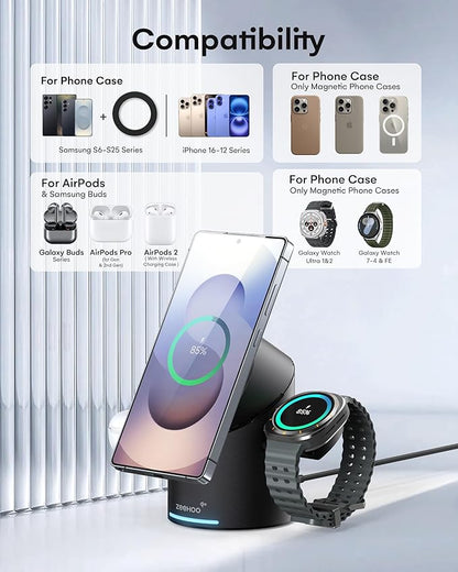 ZEEHOO 3 in 1 Charging Station for Samsung, Wireless Charger Stand, Qi2 15W - Image 4