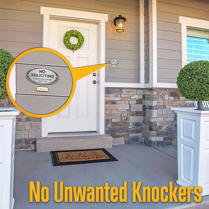 SignSeries No Soliciting Sign for Home and Office - 3" x 6" - Mounting Hardware Included, Easy Installation on Wall, Glass, or Doorbell - Heavy-Duty and Weather-Resistant (Brushed Silver)
