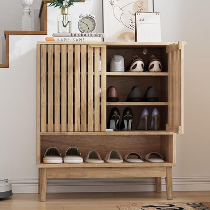 Shoe Cabinet with Slatted Doors, Freestanding Shoe Cabinet Storage - Image 4