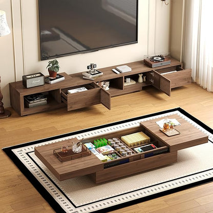 NessCarsti Mid-Century Modern TV Stand & Expandable Coffee Table Set, Walnut - Image 4