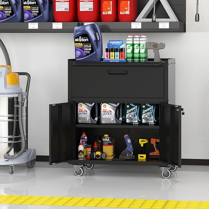 Metal Storage Cabinet with Wheels, Lockable Garage Storage Cabinet with 2 Doors - Image 6