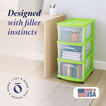 HOMZ Drawer Tower, 3-Tier Clear Plastic Storage Organizer Cart, Bold Lime Frame - Image 3