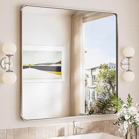 TokeShimi 36x36 Brushed Nickel Bathroom Mirror, Bathroom Vanity Mirror Square by RefinedBathroomAccessories