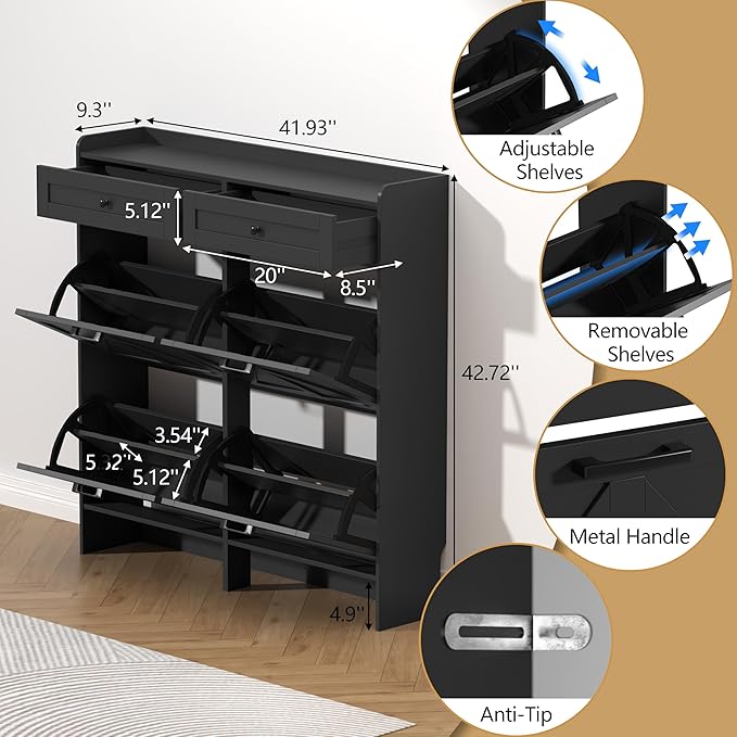 Shoe Cabinet with 4 Flip Drawers & 2 Storage Drawers, Rustic Farmhouse Narrow - Image 6