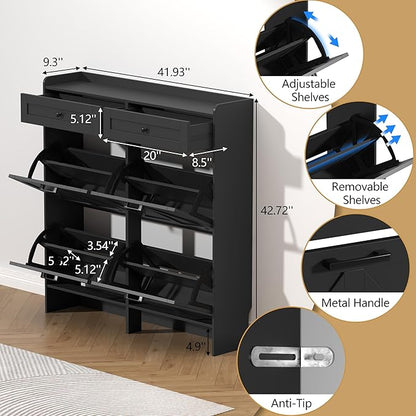 Shoe Cabinet with 4 Flip Drawers & 2 Storage Drawers, Rustic Farmhouse Narrow - Image 6