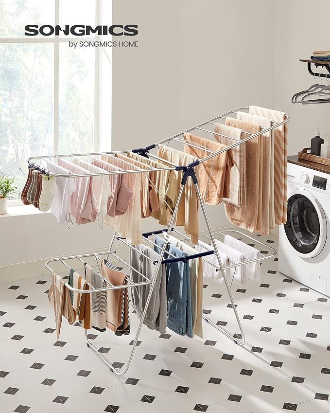 SONGMICS Clothes Drying Rack, Foldable 2-Level Laundry Drying Rack, - Image 3