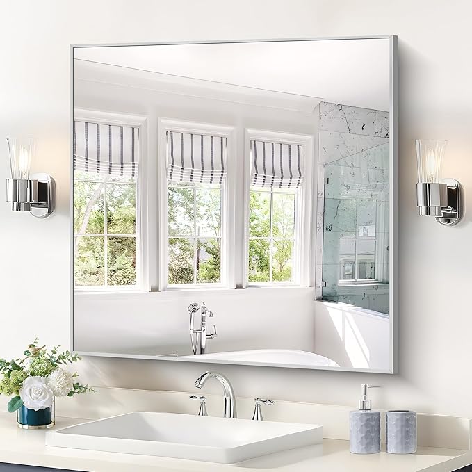 Silver Bathroom Mirror for Wall, 30x30 Inch Rectangle Mirrors by Welcometocofeny