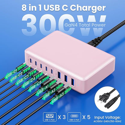 USB C Charger 300W USB C Charger Block 8-Ports GaN IV Fast Charging Station - Image 2
