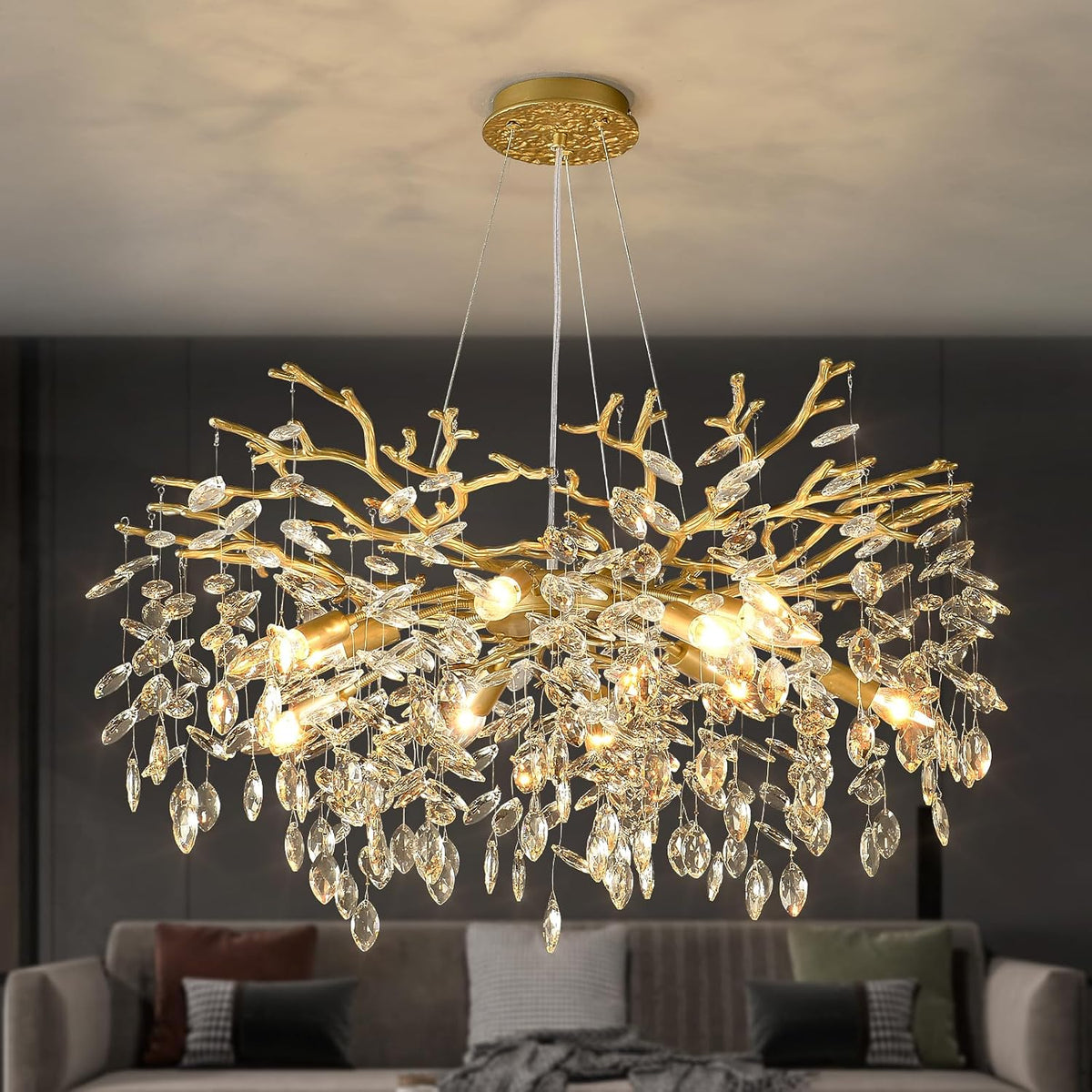 EGM Gold Tree Branch Chandelier 32" 10-Light Modern Crystal Light Fixture