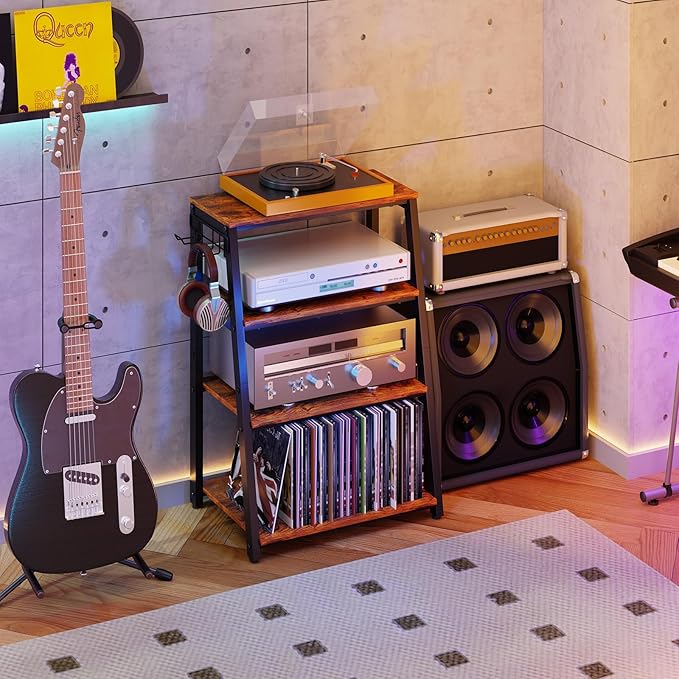 4-Tier AV Media Stand with 2 Hooks, Heavy Duty Stereo Cabinet Furniture-Large - Image 4