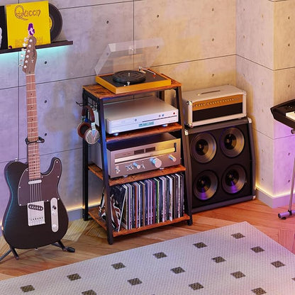 4-Tier AV Media Stand with 2 Hooks, Heavy Duty Stereo Cabinet Furniture-Large - Image 4