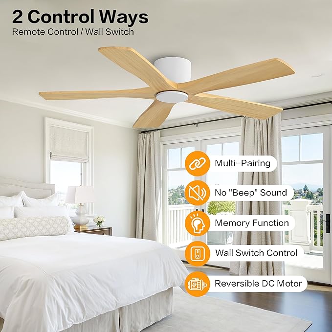 WINGBO 48" Flush Mount DC Ceiling Fans Without Lights, 5 Carved Solid Wood - Image 2