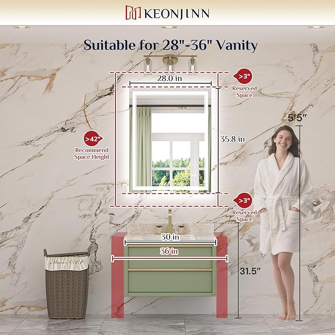 Keonjinn LED Bathroom Mirror 28" x 36", Frontlit & Backlit Bathroom Vanity - Image 2