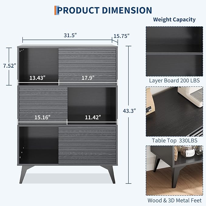 IDEALHOUSE Fluted Cabinet with Sliding Doors, Modern Wooden Storage Cabinet - Image 2
