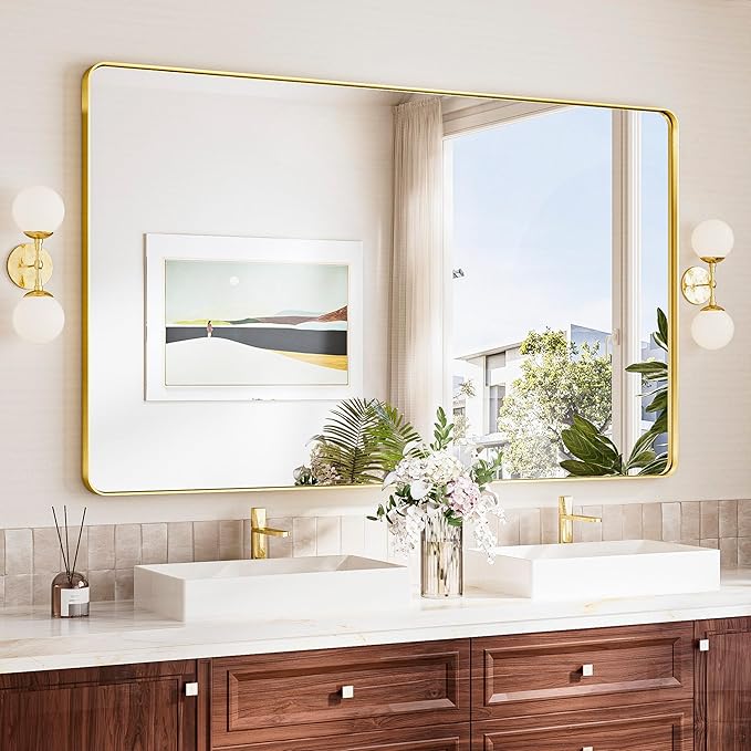 TokeShimi Brushed Gold Vanity Mirror 60x36, Bathroom Mirror Framed Aluminum by RefinedBathroomAccessories