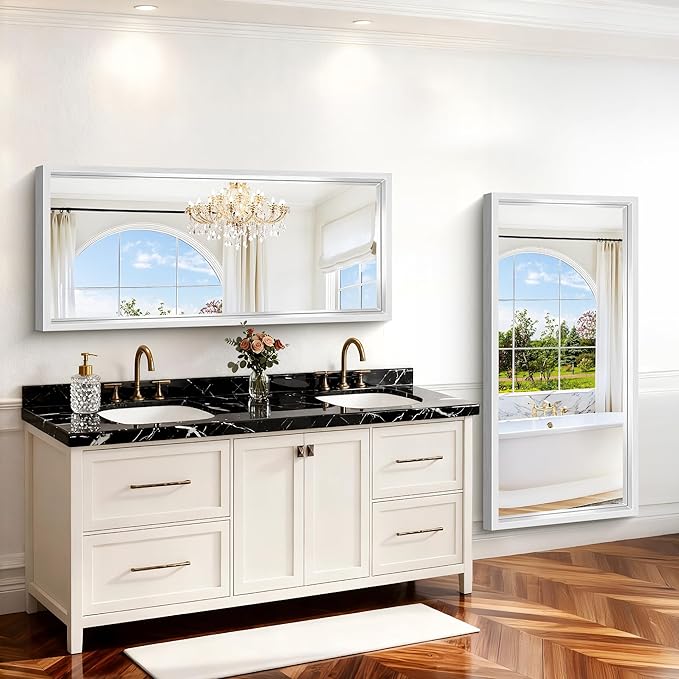 Silver Bathroom Mirror, 28x60 Inch Brushed Silver Rectangle Mirror - Image 4